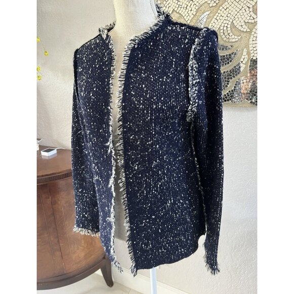 Sioni Womens Navy Boucle Open Front Cardigan Sweater With Fringe Edges - Size M - Picture 2 of 7